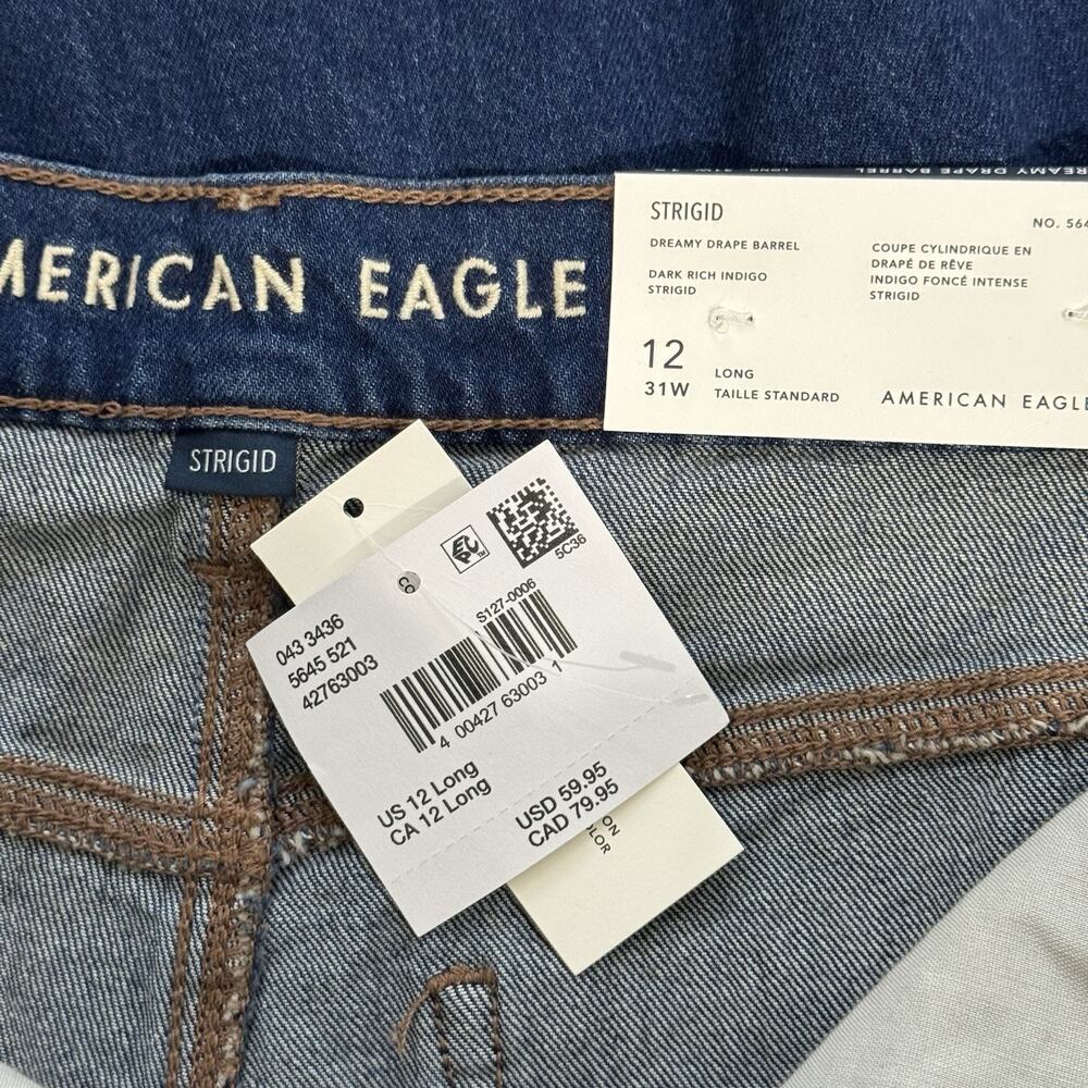 NWT American Eagle Strigid Dreamy Drape Barrel Jeans Size 12 /31W Dark Indigo - Picture 11 of 14
